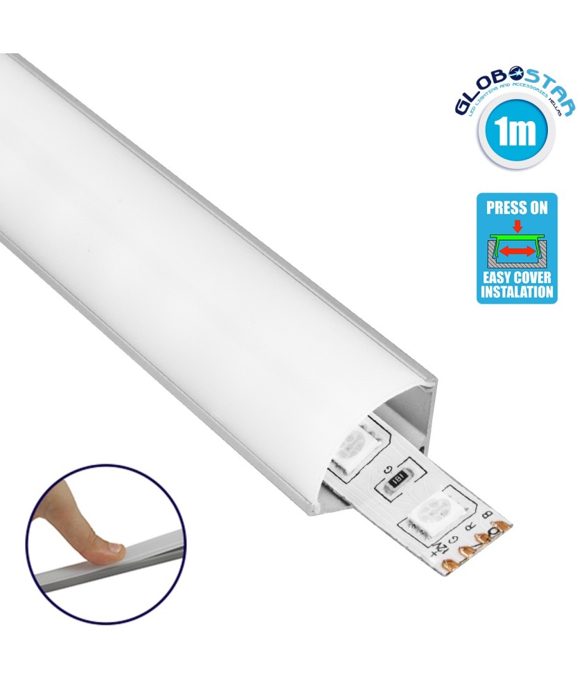 GLOBOSTAR® ALP-CORNER LINEO 70815-1M Επιφανειακό Γωνιακό Προφίλ Αλουμινίου με Λευκό Γαλακτερό Πατητό Κάλυμμα για Ταινίες LED IP20 - Ασημί & Λευκό - Μ100 x Π1.6 x Υ1.6cm
